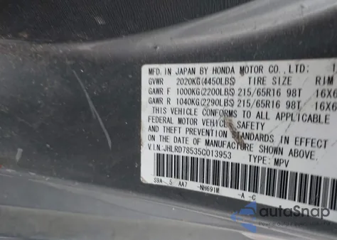 2005 Honda Cr-V Lx z USA, uszkodzony, nr VIN JHLRD78535C013953